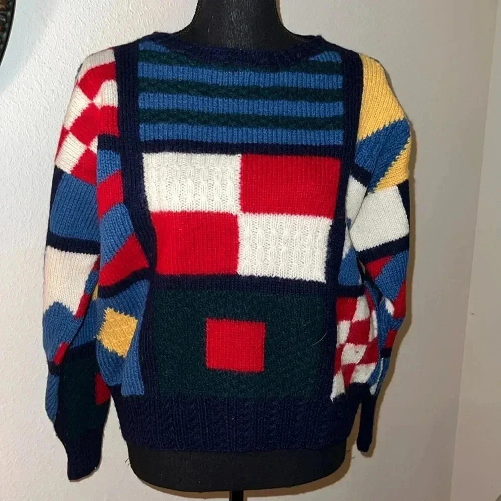 Quissett Cove Vintage Unisex Patchwork 100% Wool Sweater Jumper Size Medium